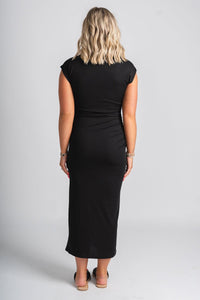 Ruched midi dress black - Affordable Dress - Boutique Dresses at Lush Fashion Lounge Boutique in Oklahoma City