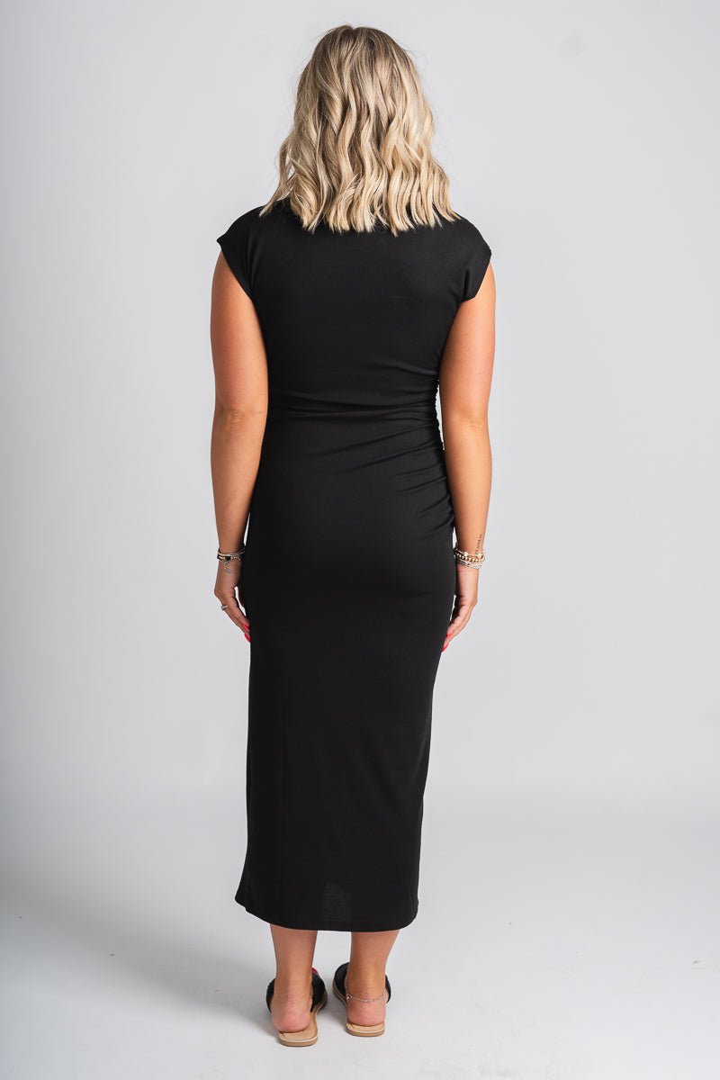 Ruched midi dress black - Affordable Dress - Boutique Dresses at Lush Fashion Lounge Boutique in Oklahoma City