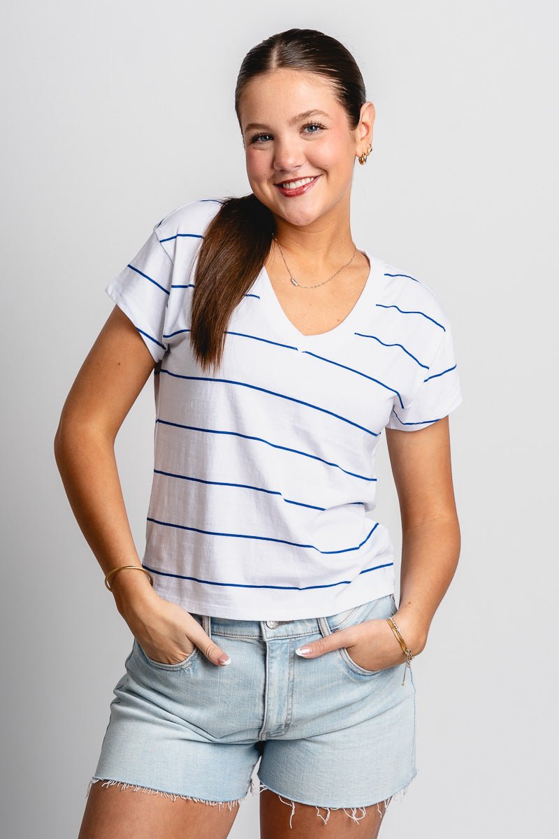 Z Supply Striped modern v-neck tee oceanside - Z Supply top - Z Supply Apparel at Lush Fashion Lounge Trendy Boutique Oklahoma City