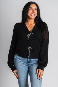 Rhinestone bow sweater black – Stylish Sweaters | Boutique Sweaters at Lush Fashion Lounge Boutique in Oklahoma City