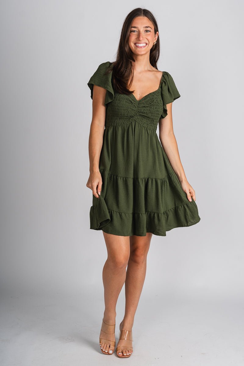 Smocked flutter sleeve dress olive - Trendy dress - Fashion Dresses at Lush Fashion Lounge Boutique in Oklahoma City