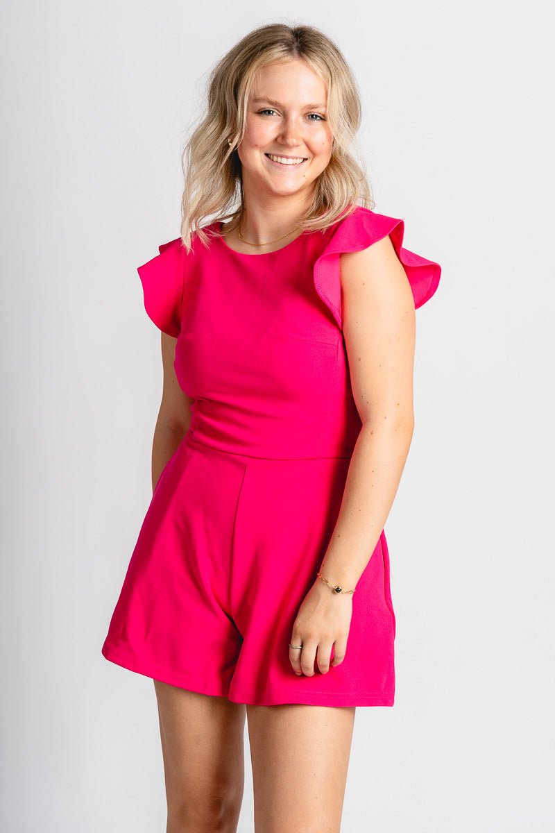 Ruffle sleeve romper hot pink - Cute romper - Trendy Rompers and Pantsuits at Lush Fashion Lounge Boutique in Oklahoma City