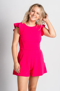 Ruffle sleeve romper hot pink - Affordable romper - Boutique Rompers & Pantsuits at Lush Fashion Lounge Boutique in Oklahoma City