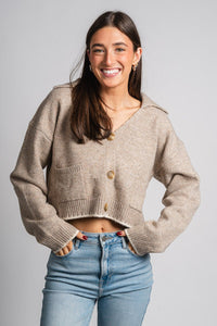 Contrast stitch sweater cardigan taupe/cream - Affordable Sweater - Boutique Cardigans & Trendy Kimonos at Lush Fashion Lounge Boutique in Oklahoma City