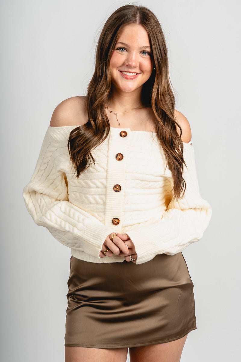 Off shoulder button sweater ivory – Boutique Sweaters | Fashionable Sweaters at Lush Fashion Lounge Boutique in Oklahoma City