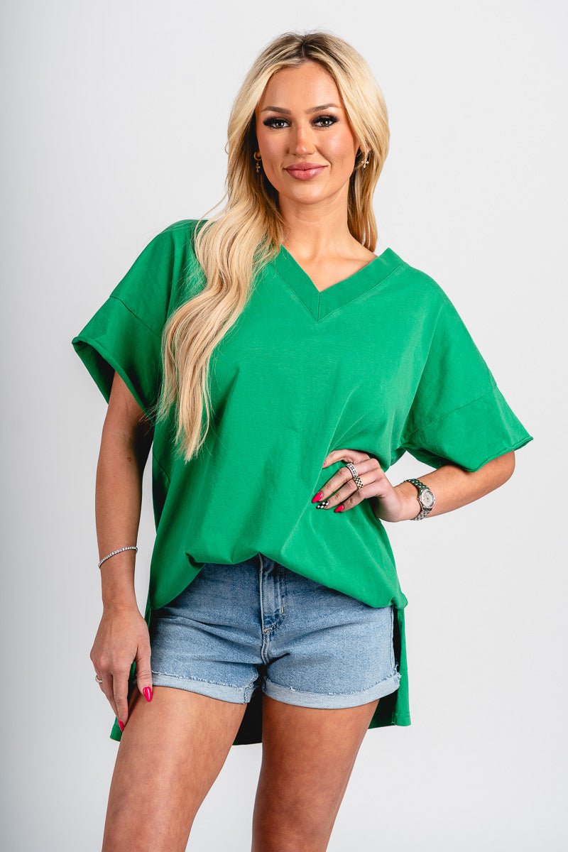 Boxy v-neck short sleeve top green - Trendy T-Shirts for St. Patrick's Day at Lush Fashion Lounge Boutique in Oklahoma City