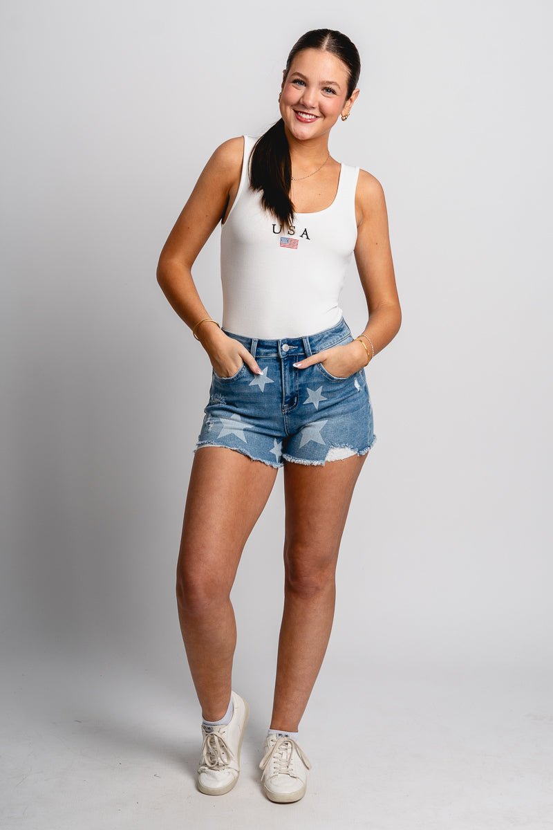 USA bodysuit white Stylish Bodysuit - Womens Fashion Bodysuits at Lush Fashion Lounge Boutique in Oklahoma City