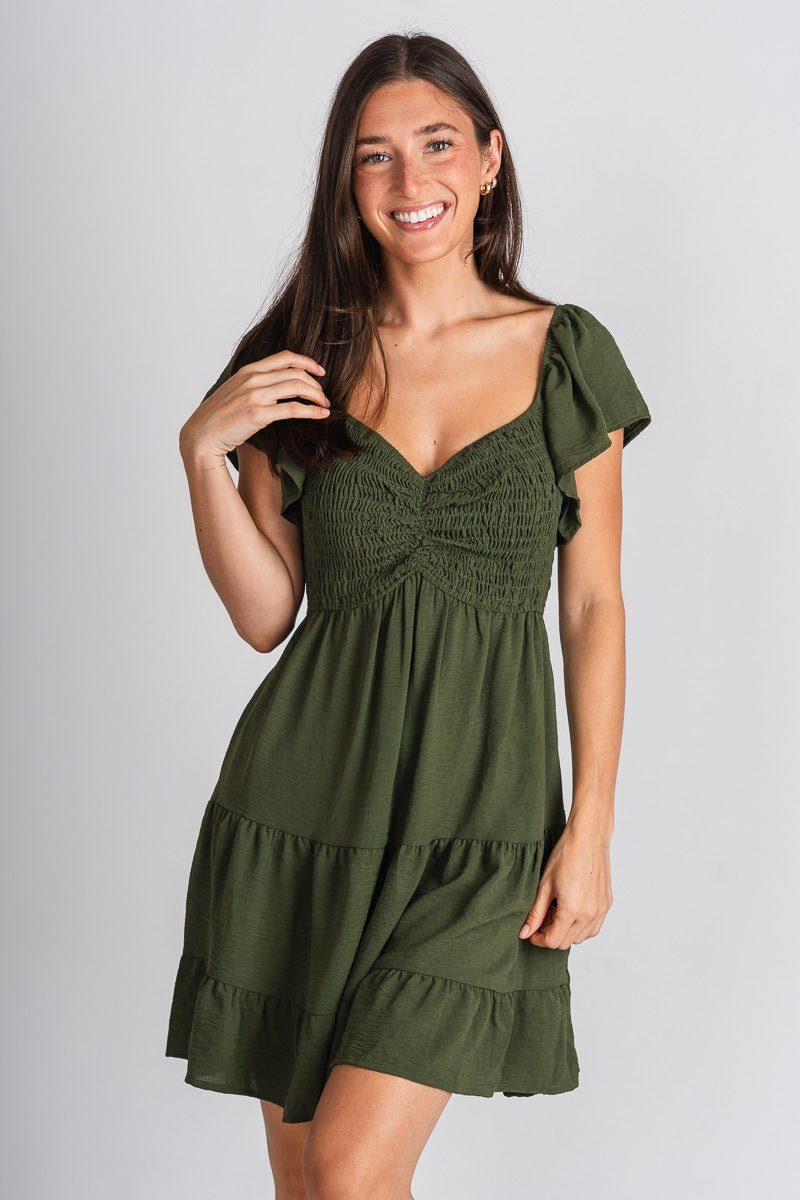 Smocked flutter sleeve dress olive - Cute dress - Trendy Dresses at Lush Fashion Lounge Boutique in Oklahoma City