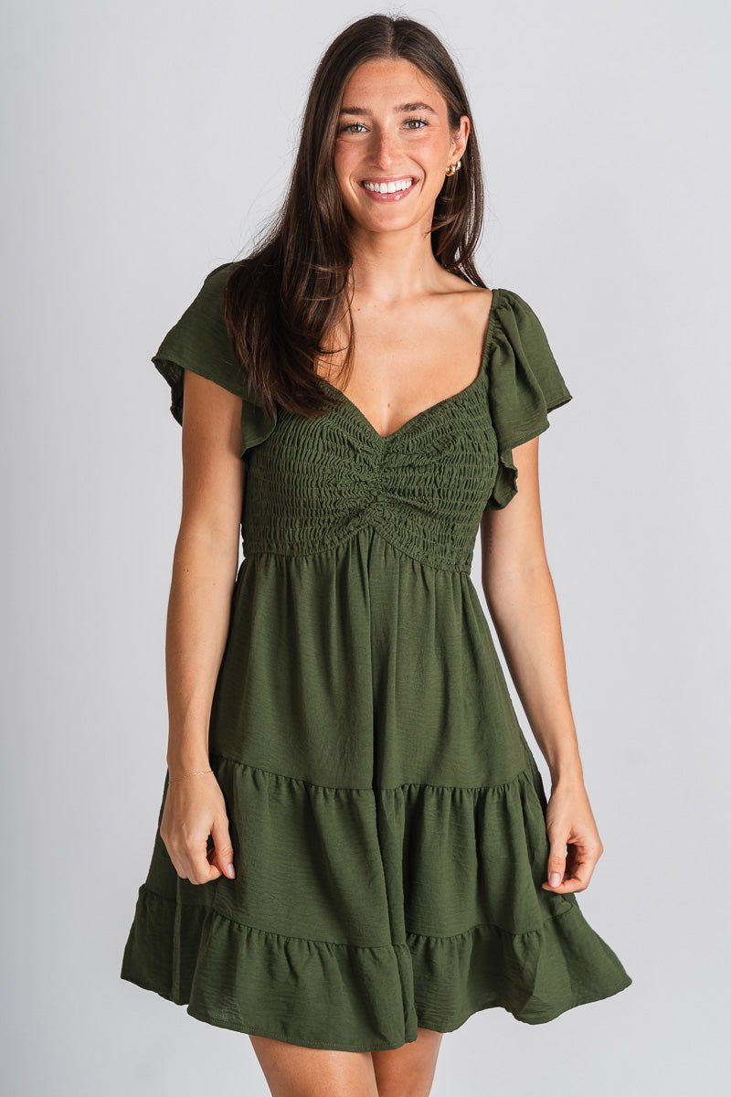 Smocked flutter sleeve dress olive - Affordable dress - Boutique Dresses at Lush Fashion Lounge Boutique in Oklahoma City