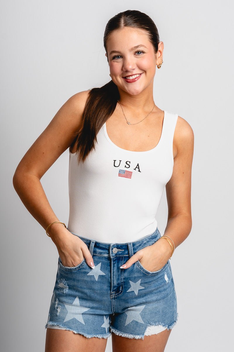USA bodysuit white - Affordable Bodysuit - Boutique Bodysuits at Lush Fashion Lounge Boutique in Oklahoma City
