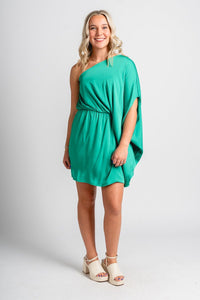 One shoulder mini dress green - Affordable dress - Boutique Dresses at Lush Fashion Lounge Boutique in Oklahoma City