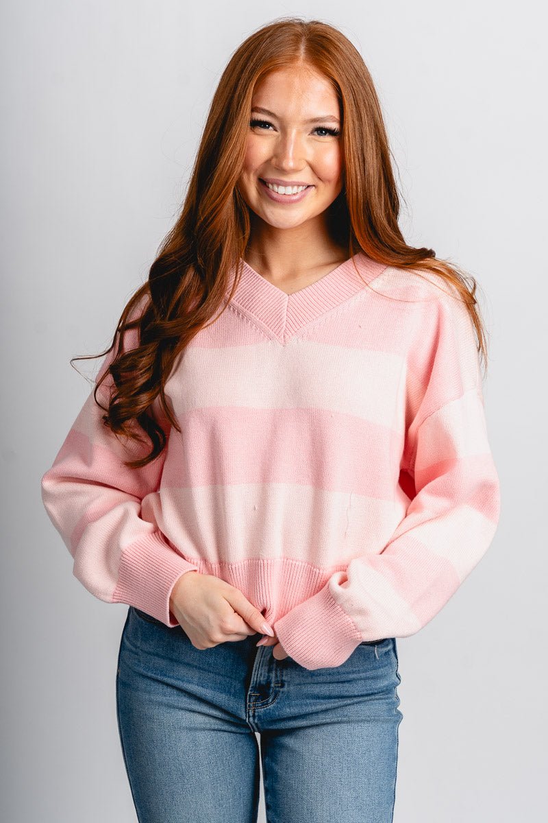 Striped crop sweater pink – Stylish Sweaters | Boutique Sweaters at Lush Fashion Lounge Boutique in Oklahoma City