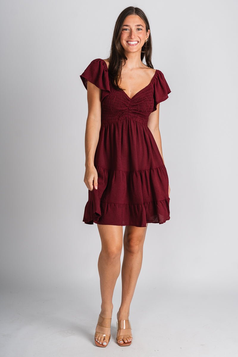 Smocked flutter sleeve dress wine - Trendy dress - Fashion Dresses at Lush Fashion Lounge Boutique in Oklahoma City