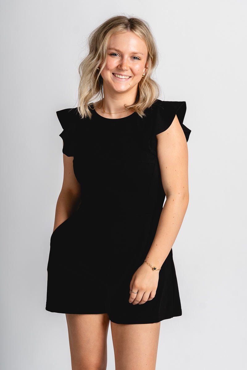 Ruffle sleeve romper black - Affordable romper - Boutique Rompers & Pantsuits at Lush Fashion Lounge Boutique in Oklahoma City
