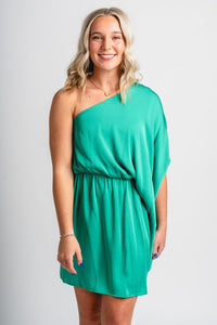 One shoulder mini dress green - Adorable dress - Stylish Vacation T-Shirts at Lush Fashion Lounge Boutique in Oklahoma City