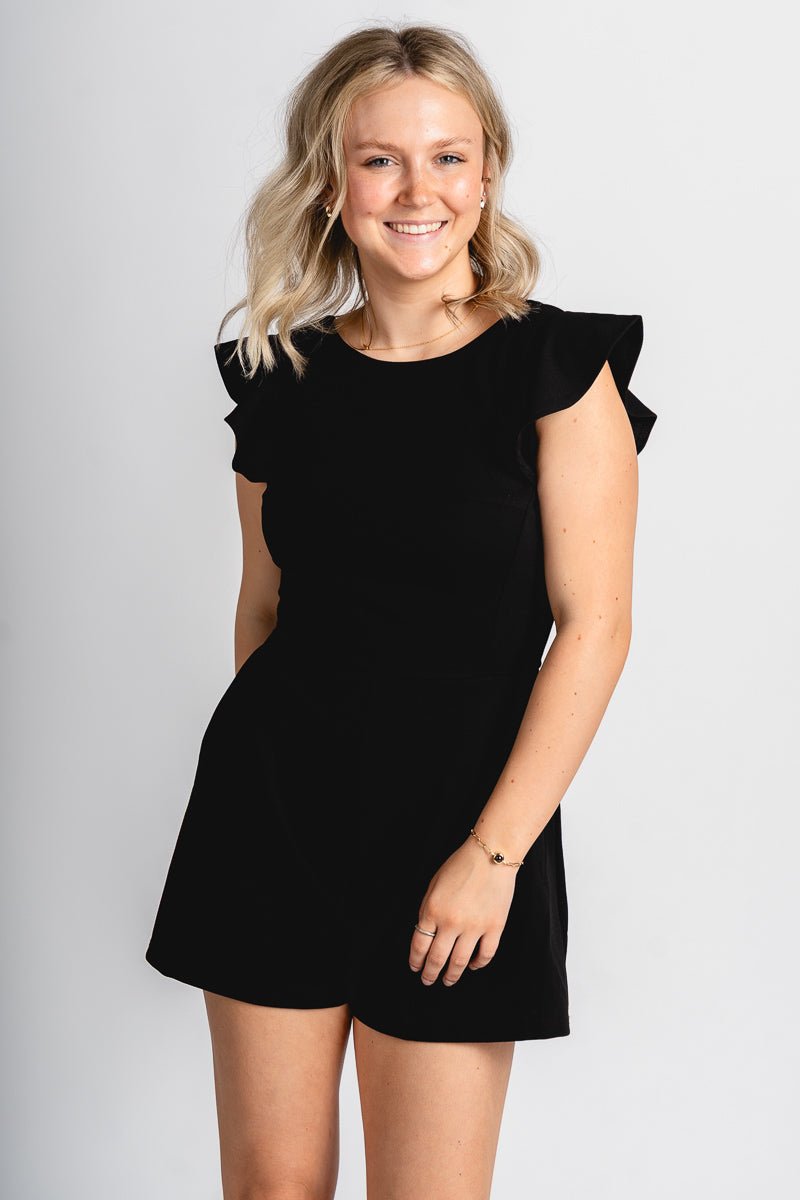 Ruffle sleeve romper black - Cute romper - Trendy Rompers and Pantsuits at Lush Fashion Lounge Boutique in Oklahoma City