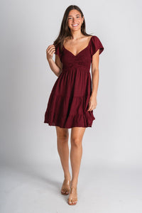 Smocked flutter sleeve dress wine Stylish dress - Womens Fashion Dresses at Lush Fashion Lounge Boutique in Oklahoma City