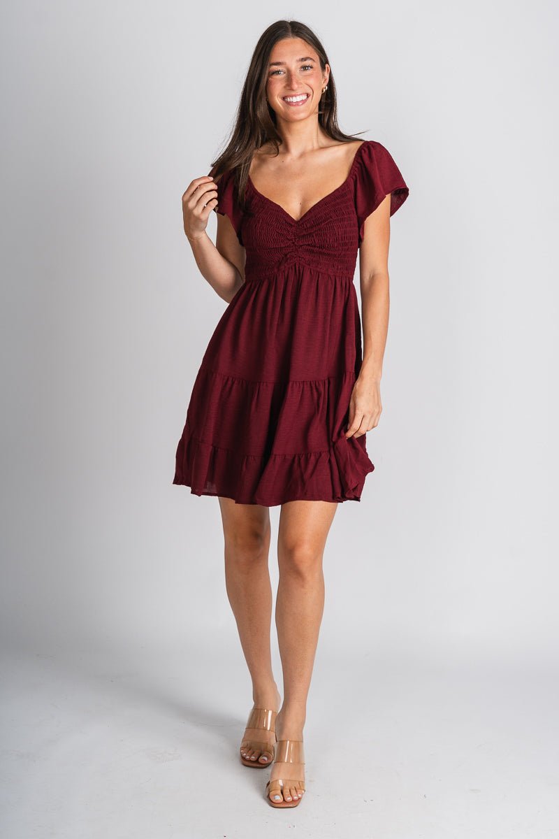 Smocked flutter sleeve dress wine Stylish dress - Womens Fashion Dresses at Lush Fashion Lounge Boutique in Oklahoma City