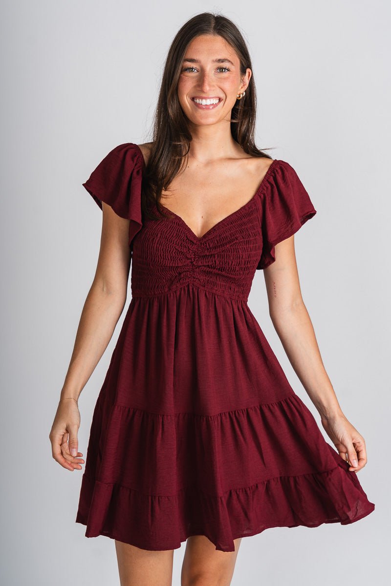 Smocked flutter sleeve dress wine - Cute dress - Trendy Dresses at Lush Fashion Lounge Boutique in Oklahoma City