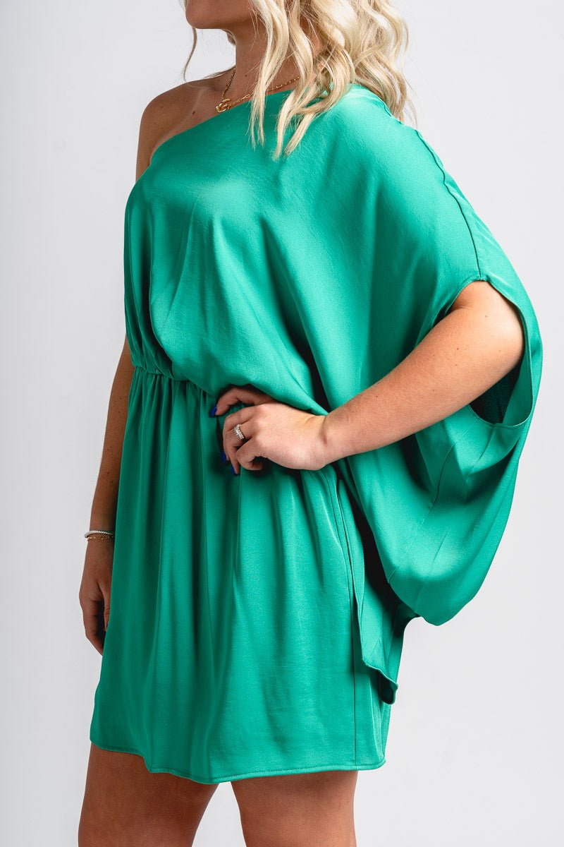 One shoulder mini dress green - Stylish dress - Trendy Staycation Outfits at Lush Fashion Lounge Boutique in Oklahoma City