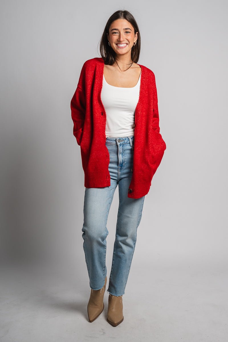 Oversized cardigan red - Trendy Cardigan - Fashion Cardigans & Cute Kimonos at Lush Fashion Lounge Boutique in Oklahoma City