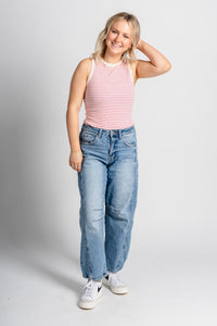 Round neck bodysuit cream/pink Stylish bodysuit - Womens Fashion Bodysuits at Lush Fashion Lounge Boutique in Oklahoma City