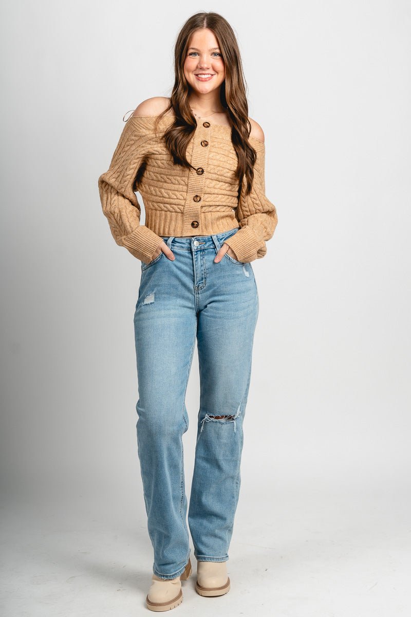 Off shoulder button sweater beige - Trendy Sweaters | Cute Pullover Sweaters at Lush Fashion Lounge Boutique in Oklahoma City