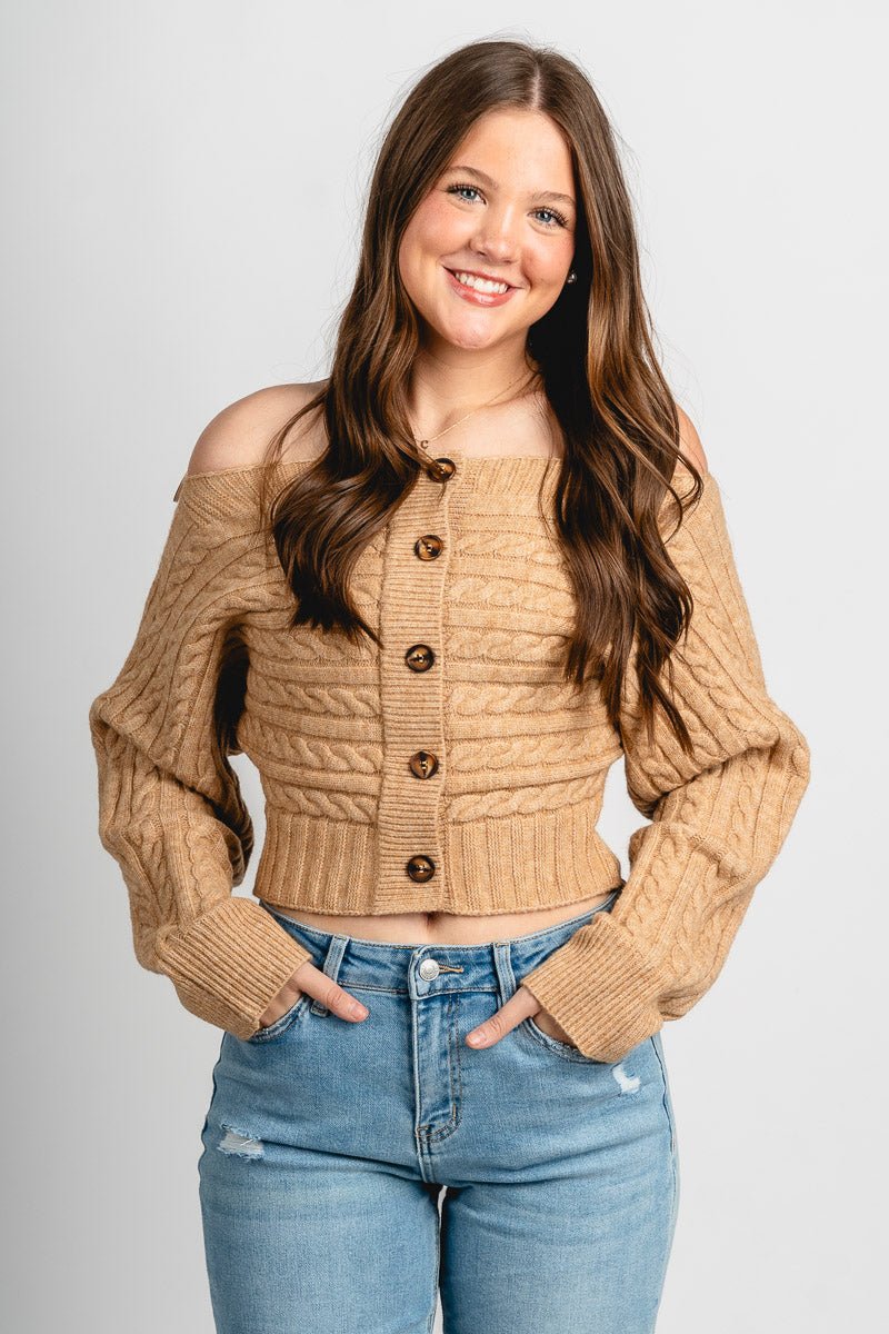 Off shoulder button sweater beige – Boutique Sweaters | Fashionable Sweaters at Lush Fashion Lounge Boutique in Oklahoma City