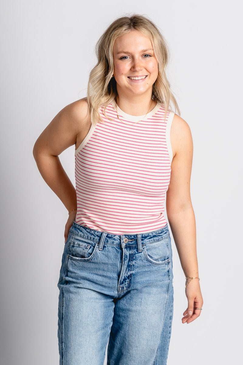 Round neck bodysuit cream/pink - Affordable bodysuit - Boutique Bodysuits at Lush Fashion Lounge Boutique in Oklahoma City