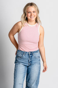 Round neck bodysuit cream/pink - Cute bodysuit - Trendy Bodysuits at Lush Fashion Lounge Boutique in Oklahoma City
