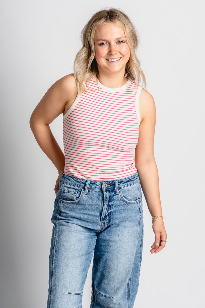 Round neck bodysuit cream/pink - Cute bodysuit - Trendy Bodysuits at Lush Fashion Lounge Boutique in Oklahoma City