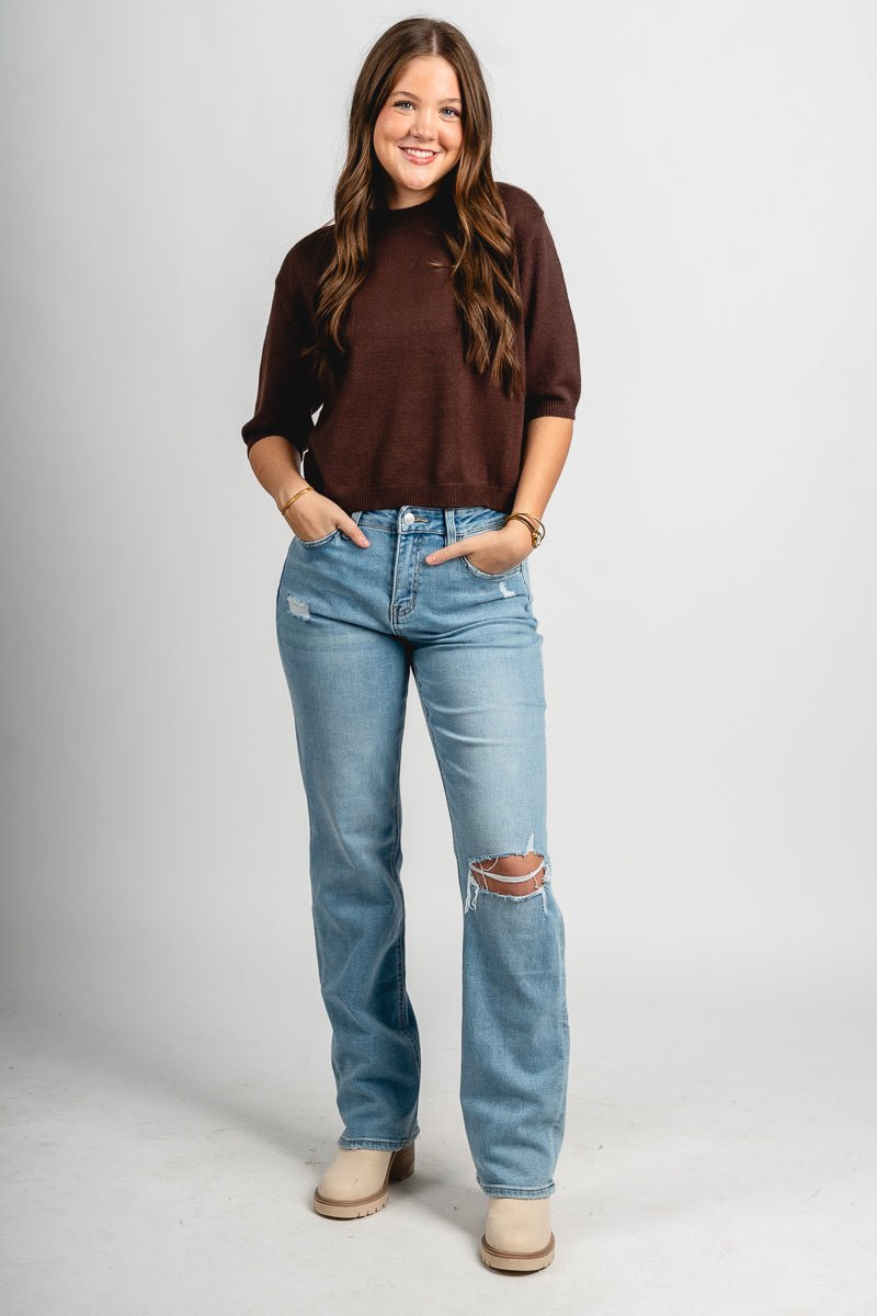 Short sleeve sweater brown - Trendy Sweaters | Cute Pullover Sweaters at Lush Fashion Lounge Boutique in Oklahoma City