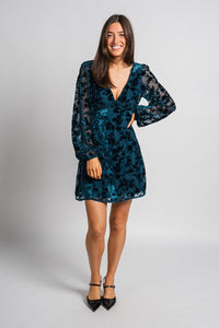 Floral velvet dress teal blue Stylish dress - Womens Fashion Dresses at Lush Fashion Lounge Boutique in Oklahoma City