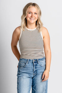 Round neck bodysuit cream/black - Cute bodysuit - Trendy Bodysuits at Lush Fashion Lounge Boutique in Oklahoma City