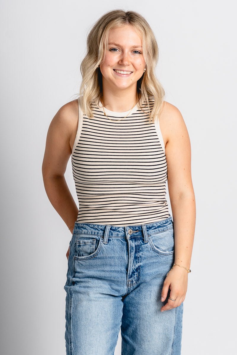 Round neck bodysuit cream/black - Cute bodysuit - Trendy Bodysuits at Lush Fashion Lounge Boutique in Oklahoma City