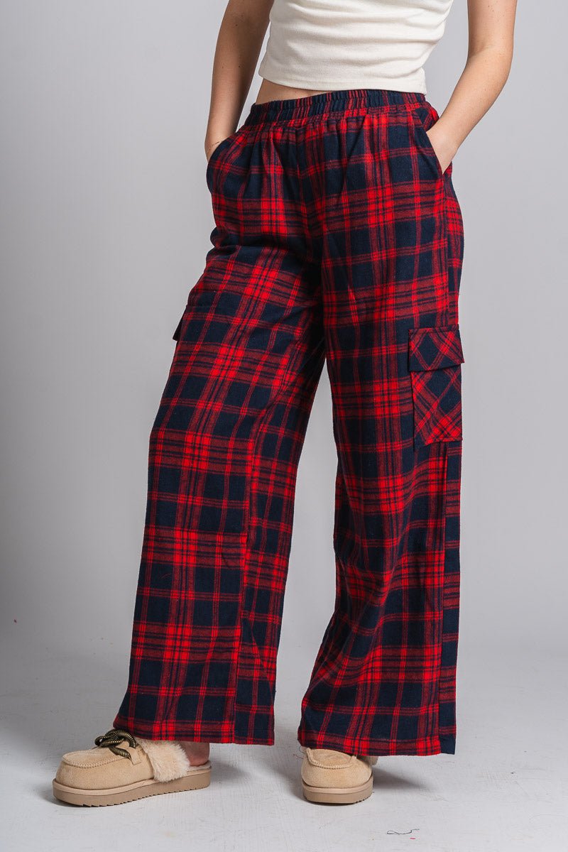 Plaid pajama pants red/navy - Trendy Holiday Apparel at Lush Fashion Lounge Boutique in Oklahoma City