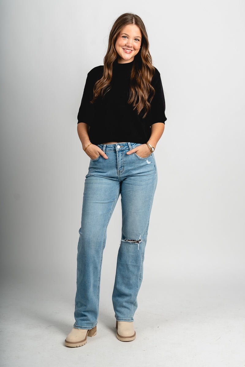 Short sleeve sweater black - Trendy Sweaters | Cute Pullover Sweaters at Lush Fashion Lounge Boutique in Oklahoma City