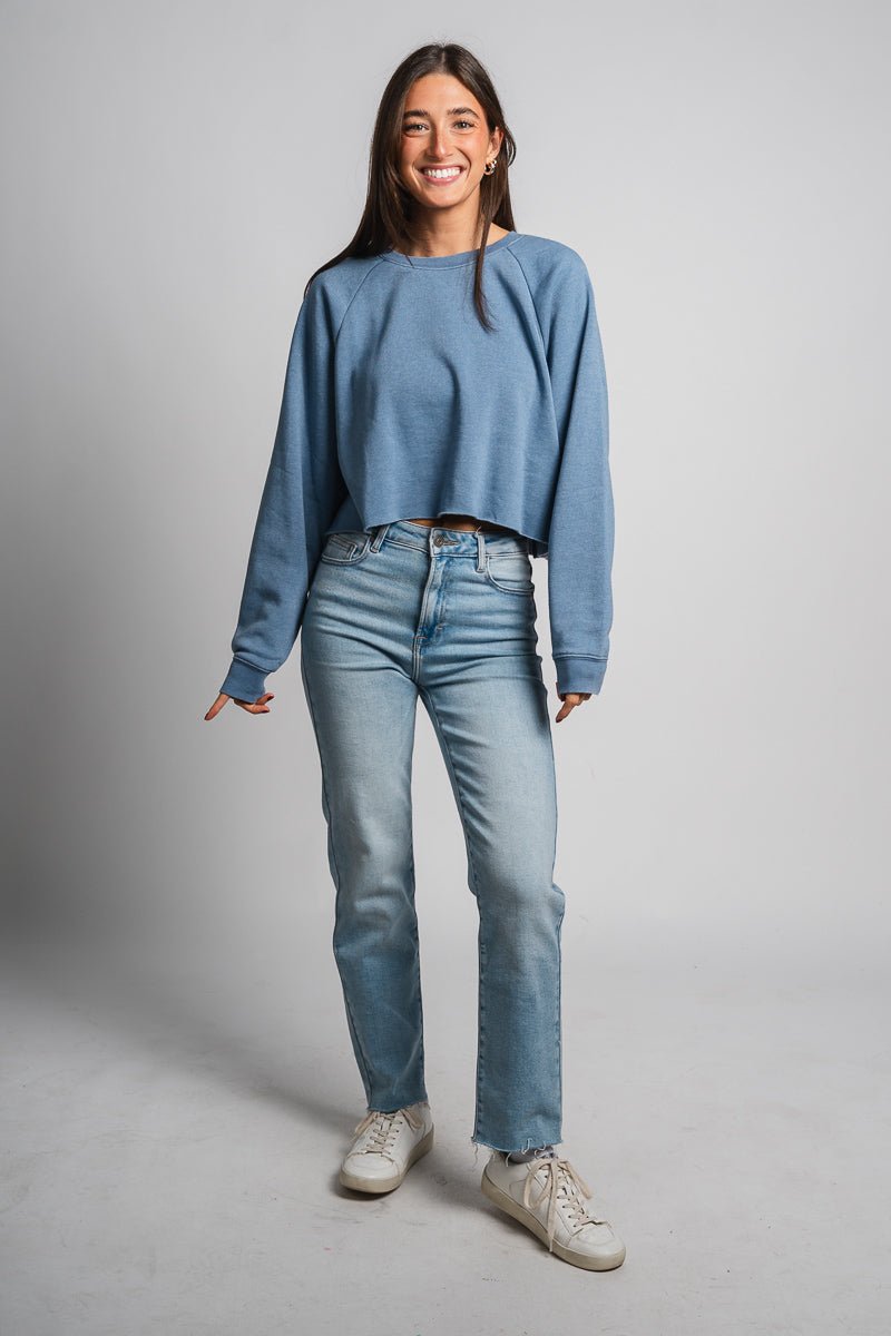 Raw hem crop sweatshirt grey blue