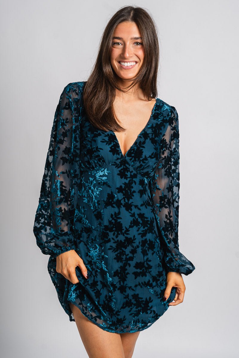 Floral velvet dress teal blue - Cute dress - Trendy Dresses at Lush Fashion Lounge Boutique in Oklahoma City