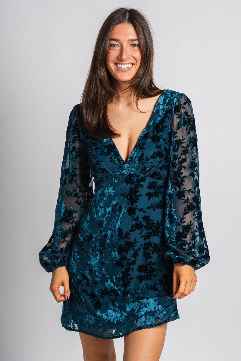 Floral velvet dress teal blue - Affordable dress - Boutique Dresses at Lush Fashion Lounge Boutique in Oklahoma City