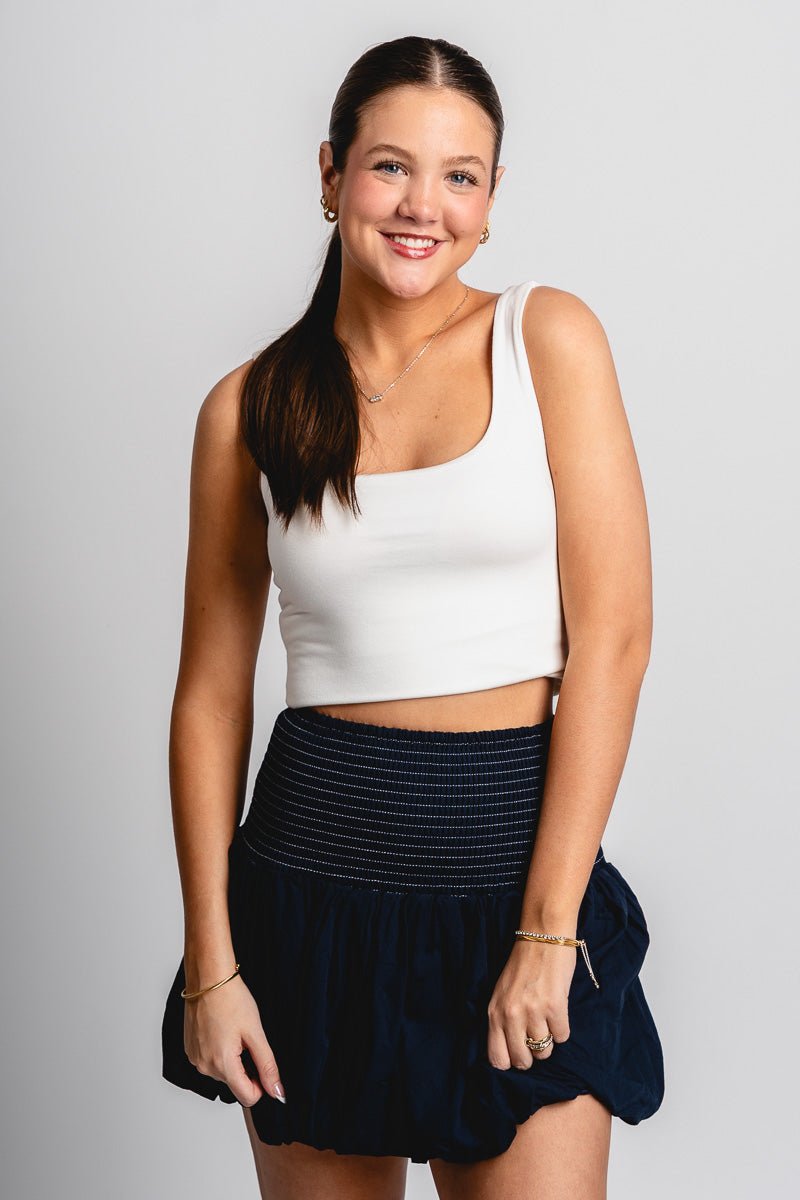 Smocked bubble hem skirt navy | Lush Fashion Lounge: boutique fashion skirts, affordable boutique skirts, cute affordable skirts