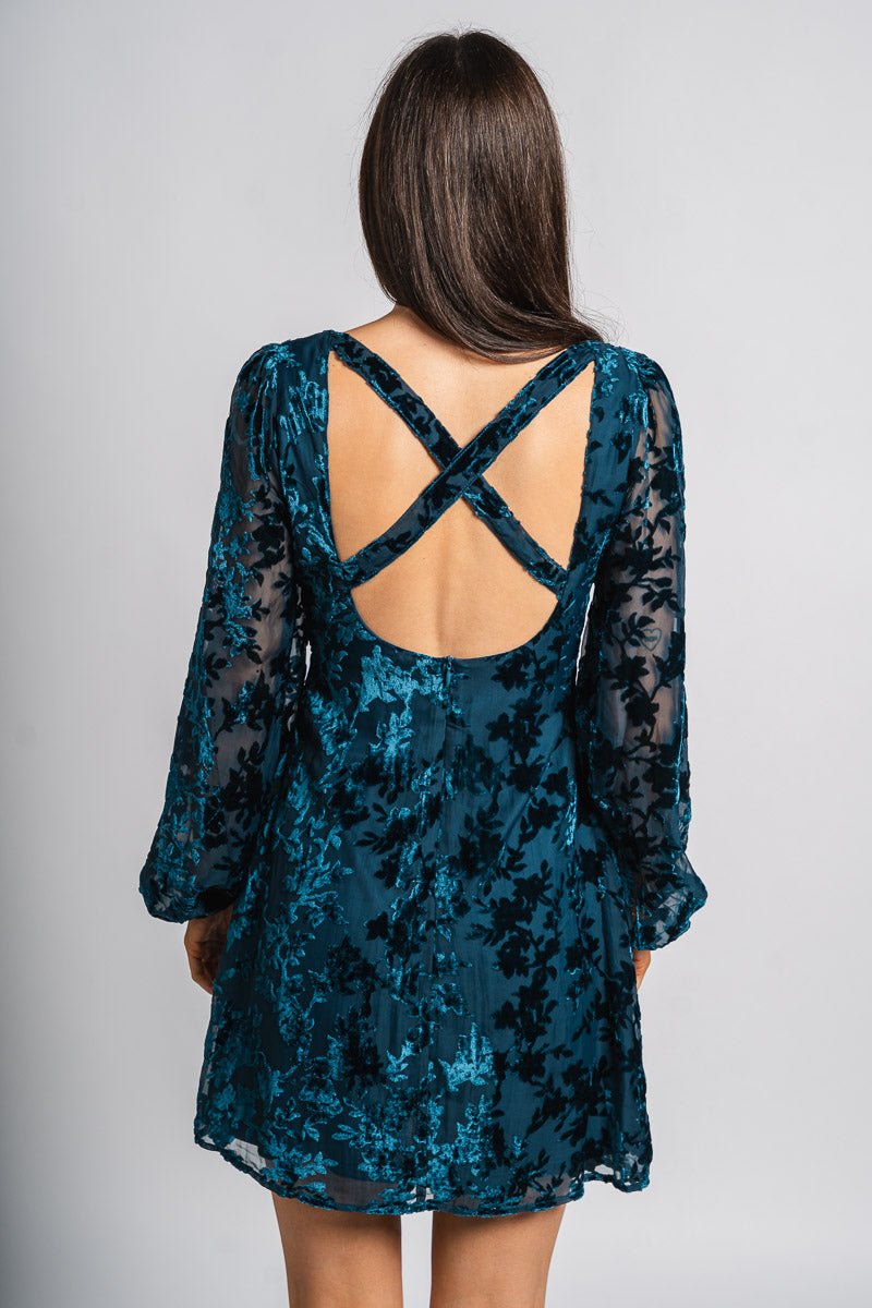 Floral velvet dress teal blue