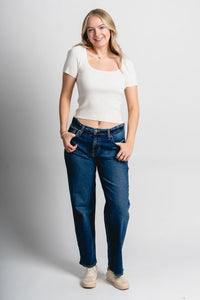 Mid rise boyfriend jeans dark wash | Lush Fashion Lounge: boutique women's jeans, fashion jeans for women, affordable fashion jeans, cute boutique jeans