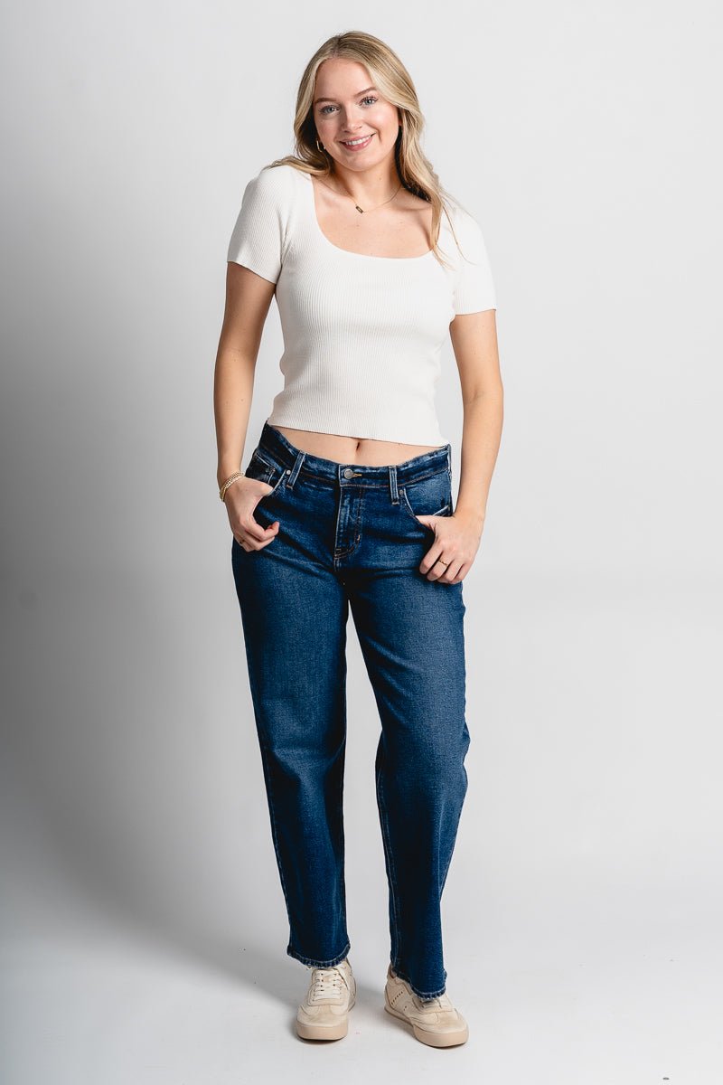 Mid rise boyfriend jeans dark wash | Lush Fashion Lounge: boutique women's jeans, fashion jeans for women, affordable fashion jeans, cute boutique jeans