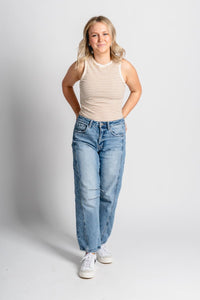 Round neck bodysuit cream/tan - Trendy bodysuit - Fashion Bodysuits at Lush Fashion Lounge Boutique in Oklahoma City