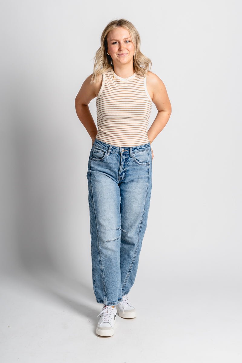 Round neck bodysuit cream/tan - Trendy bodysuit - Fashion Bodysuits at Lush Fashion Lounge Boutique in Oklahoma City