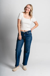 Mid rise boyfriend jeans dark wash | Lush Fashion Lounge: boutique women's jeans, fashion jeans for women, affordable fashion jeans, cute boutique jeans