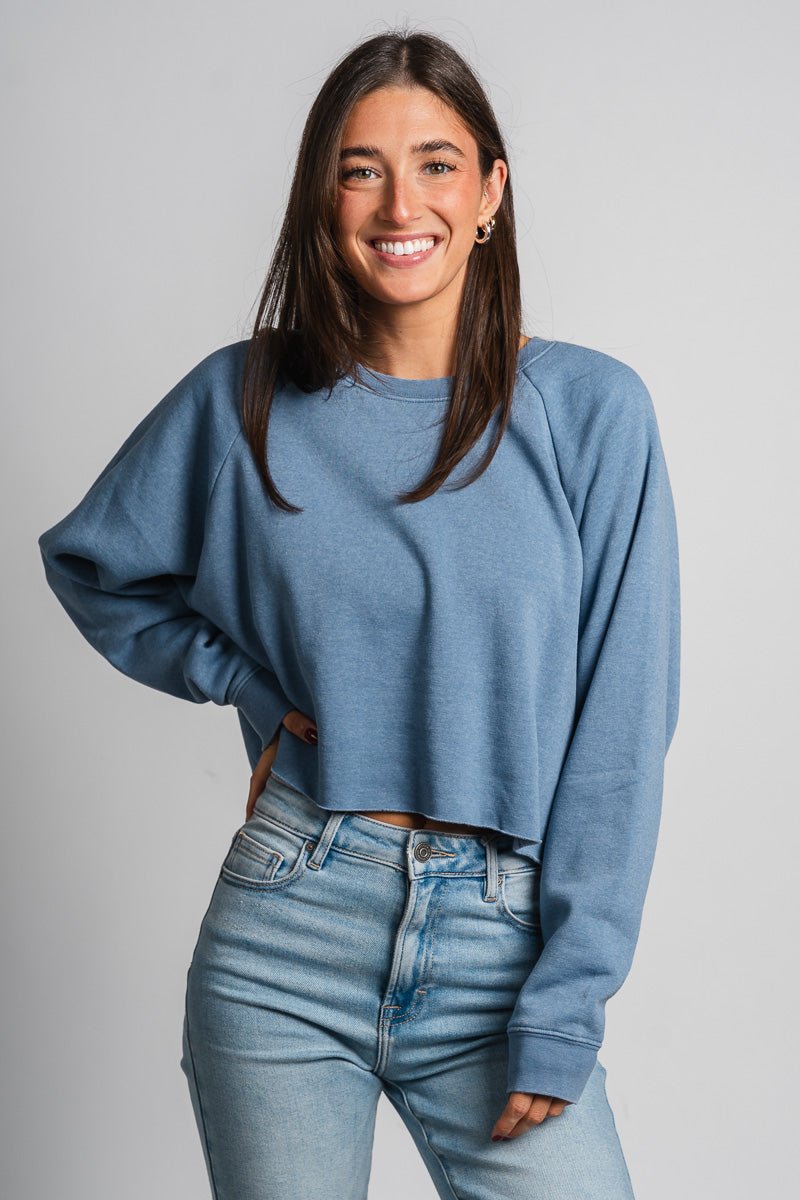 Raw hem crop sweatshirt grey blue