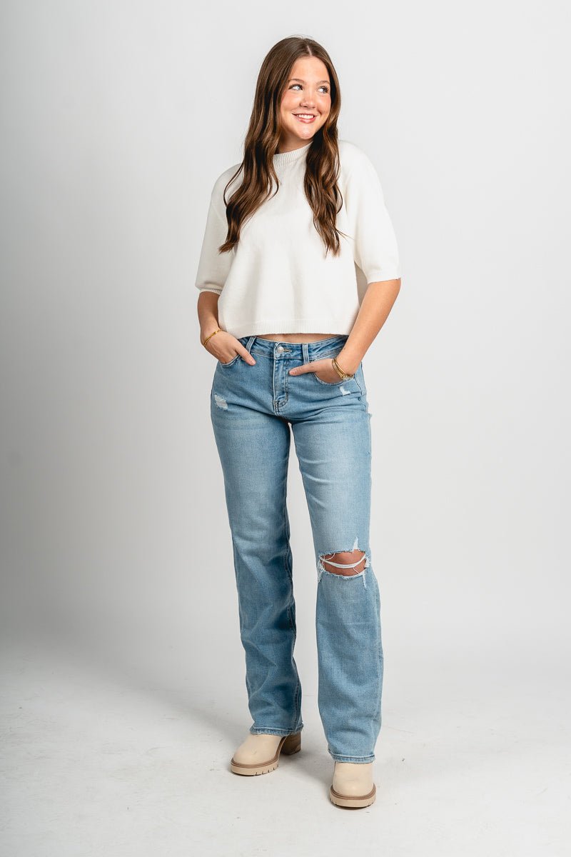 Short sleeve sweater off white - Trendy Sweaters | Cute Pullover Sweaters at Lush Fashion Lounge Boutique in Oklahoma City