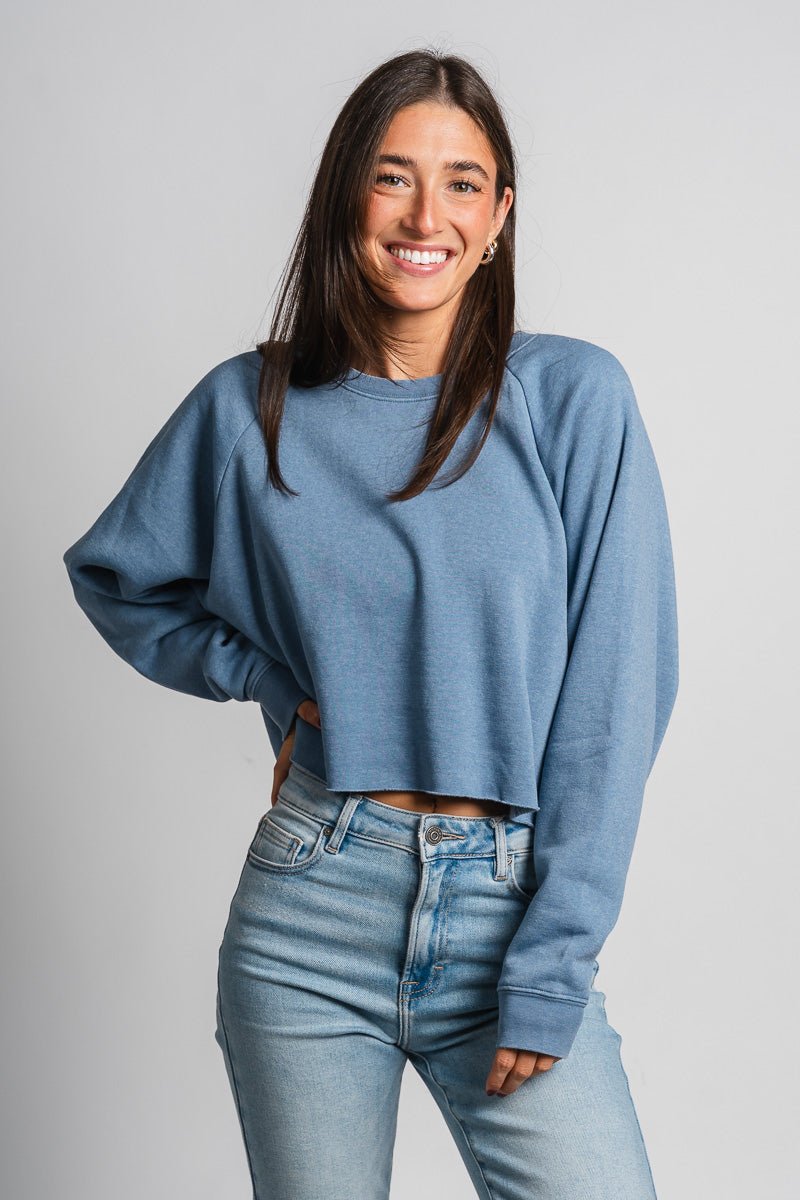 Raw hem crop sweatshirt grey blue